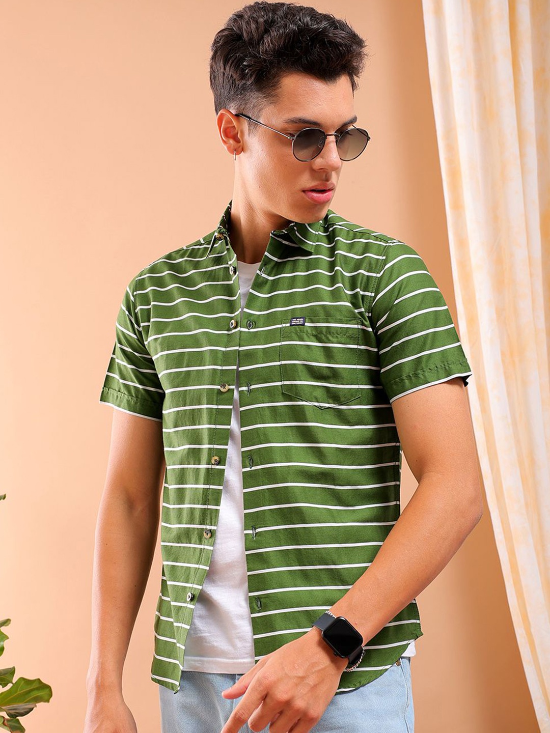 

The Indian Garage Co Slim Fit Horizontal Striped Cotton Casual Shirt, Olive