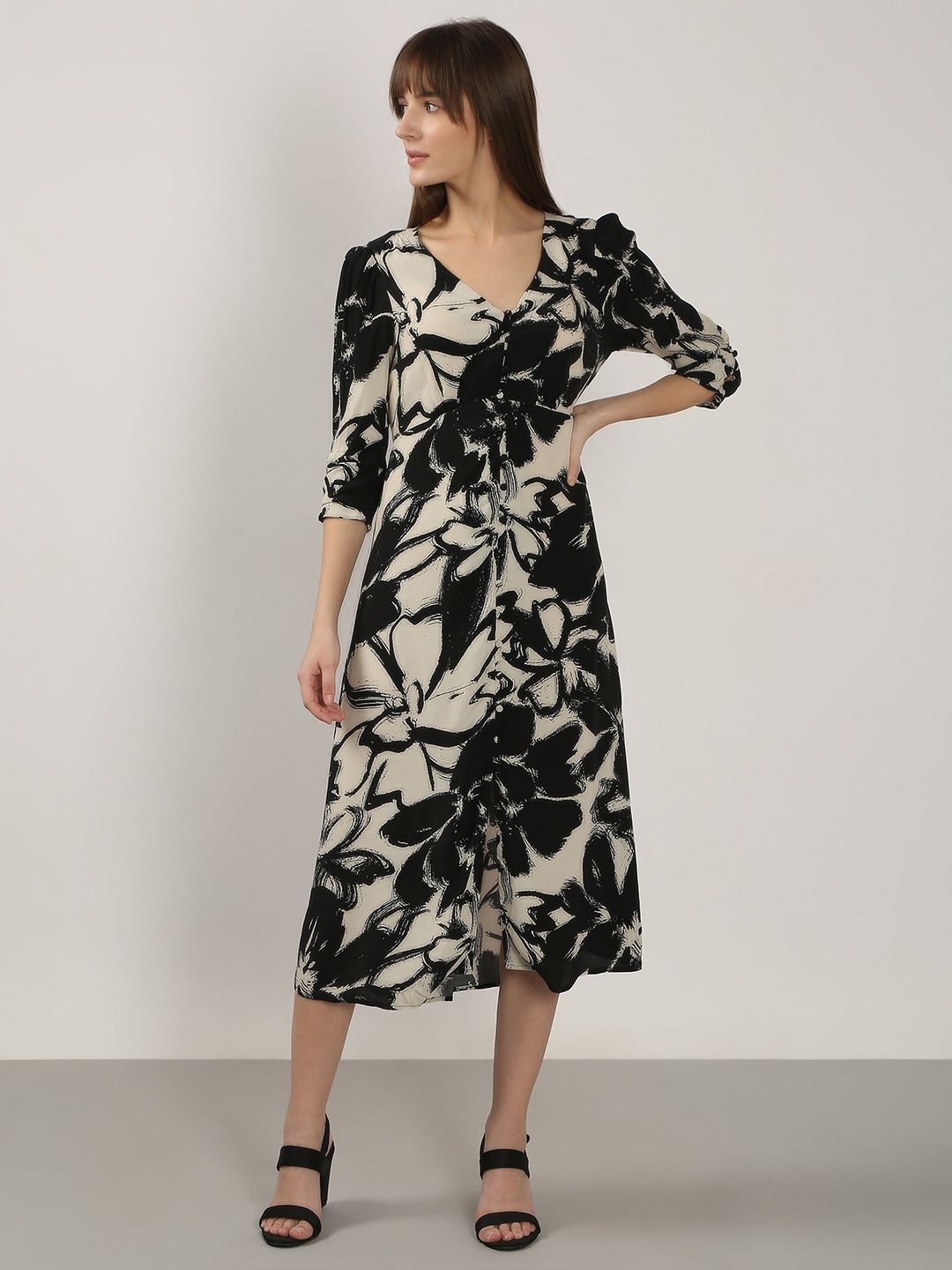 

Vero Moda Women Floral Print Puff Sleeve Midi Fit & Flare Dress, Black