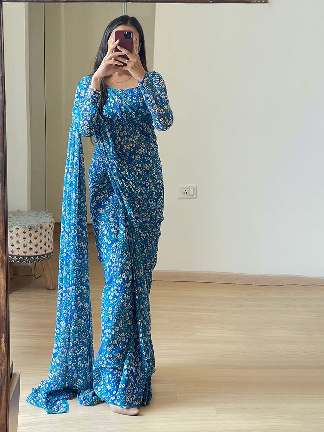 

HMP Fashion Floral Printed Ready to Wear Saree, Blue