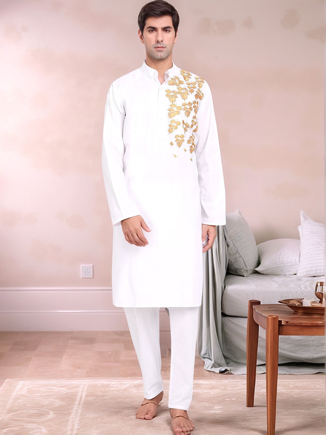 

Moda Rapido Men Embroidered Regular Pure Cotton Kurta with Pyjamas, White