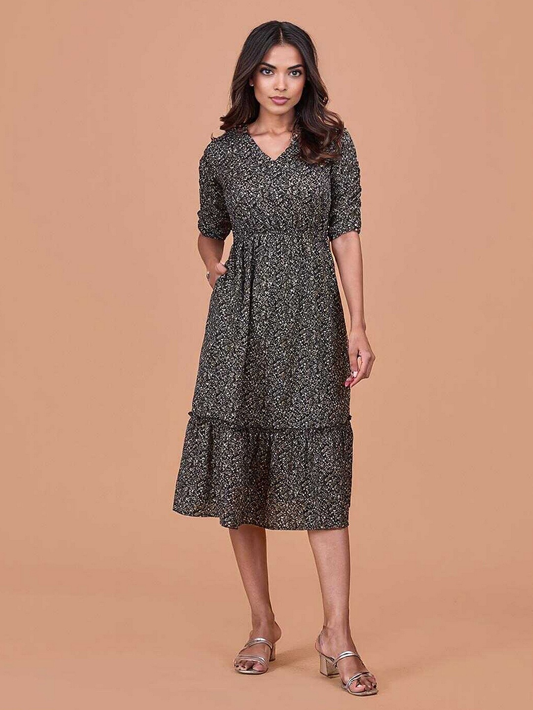 

DressBerry Women Floral Printed Cotton Fit & Flare Midi Dress, Black