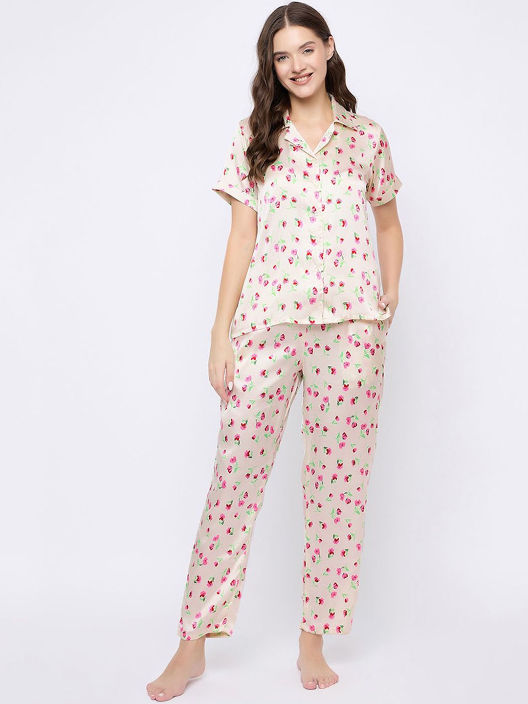 

Clovia Women Floral Printed Shirt and Pyjamas Night suit, White