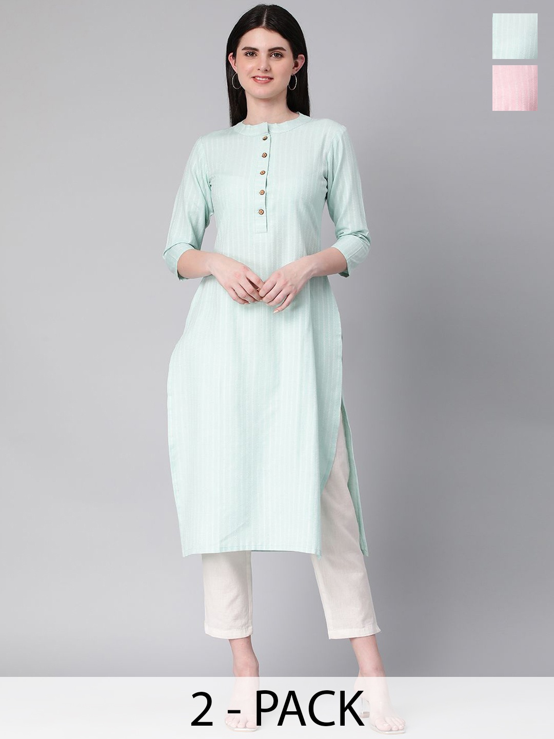 

KALINI Selection Of 2 Striped Mandarin Collar Cotton Straight Kurtas, Sea green