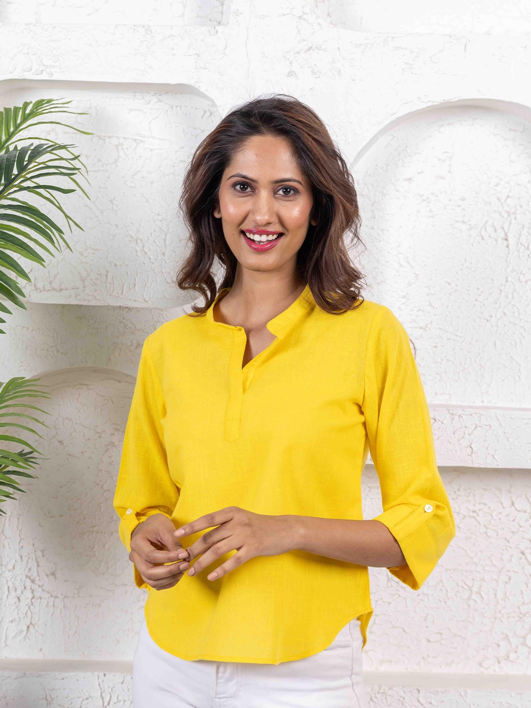 

INAAYA JAIPUR Women Mandarin Collar Roll-Up Sleeves Cotton Top, Mustard