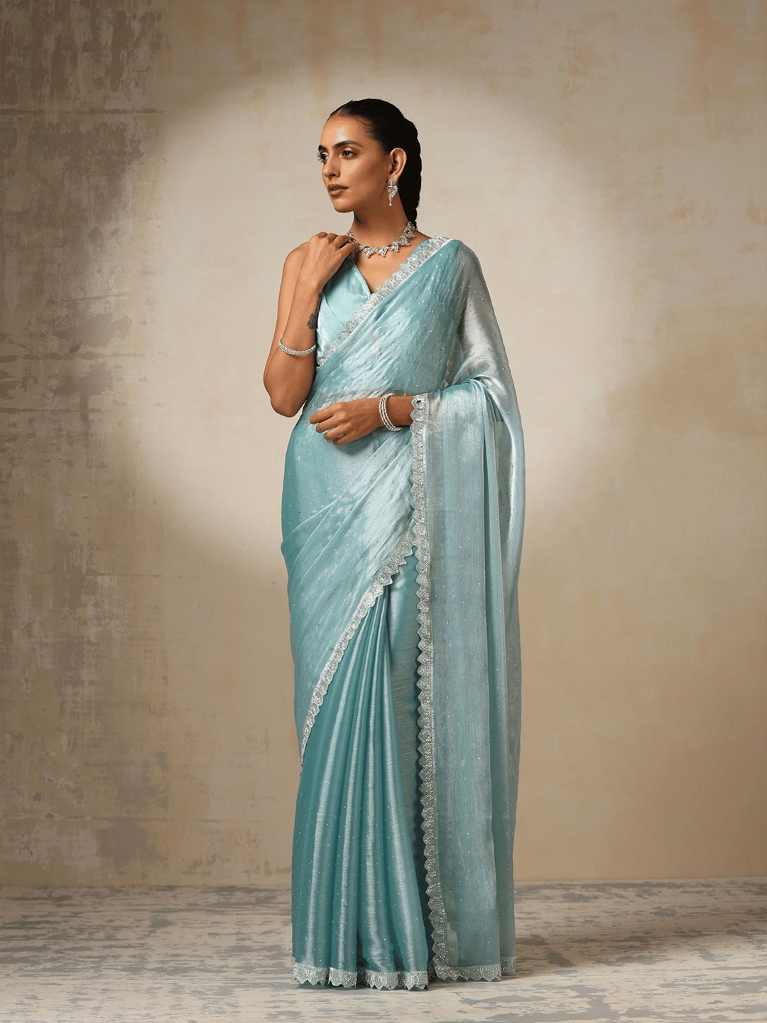 

LeeliPeeri Designer Embellished Beads and Stones Saree, Turquoise blue