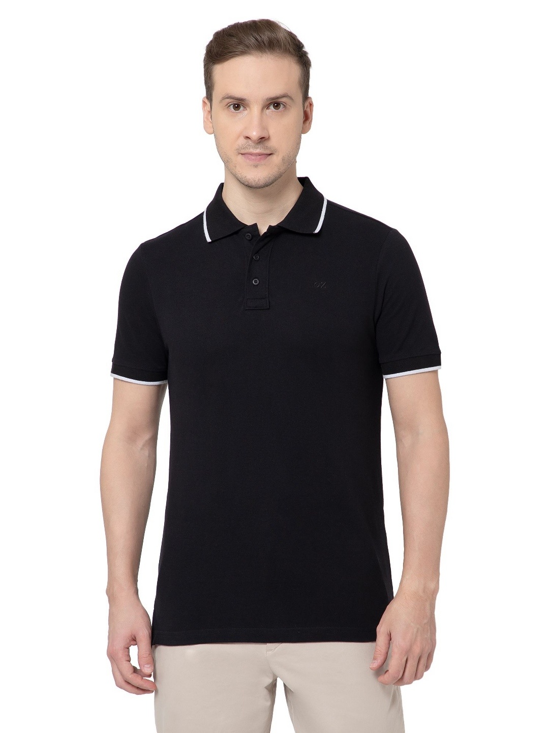 

OXYZONE Men Polo Collar Applique T-shirt, Black