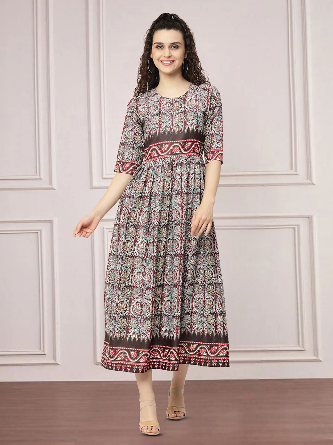 

MISS AYSE Ethnic Motifs Printed Cotton Fit and Flare Midi Dress, Maroon