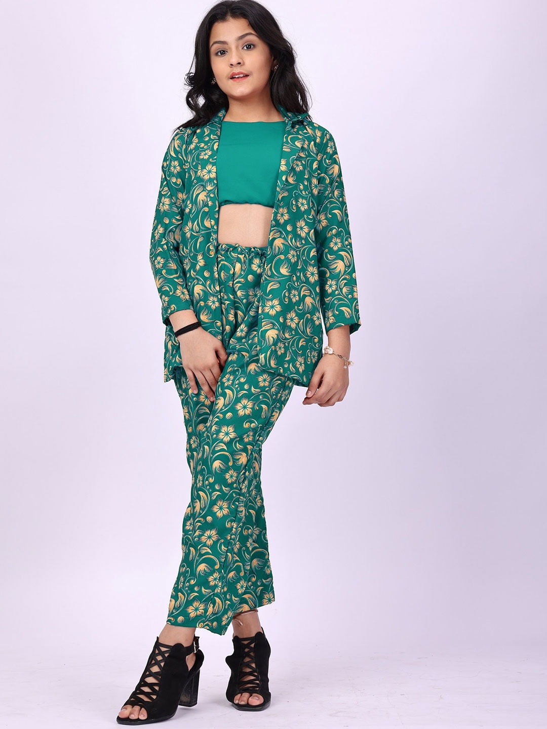 

Aarya Designer Girls Printed Top with Trousers, Green