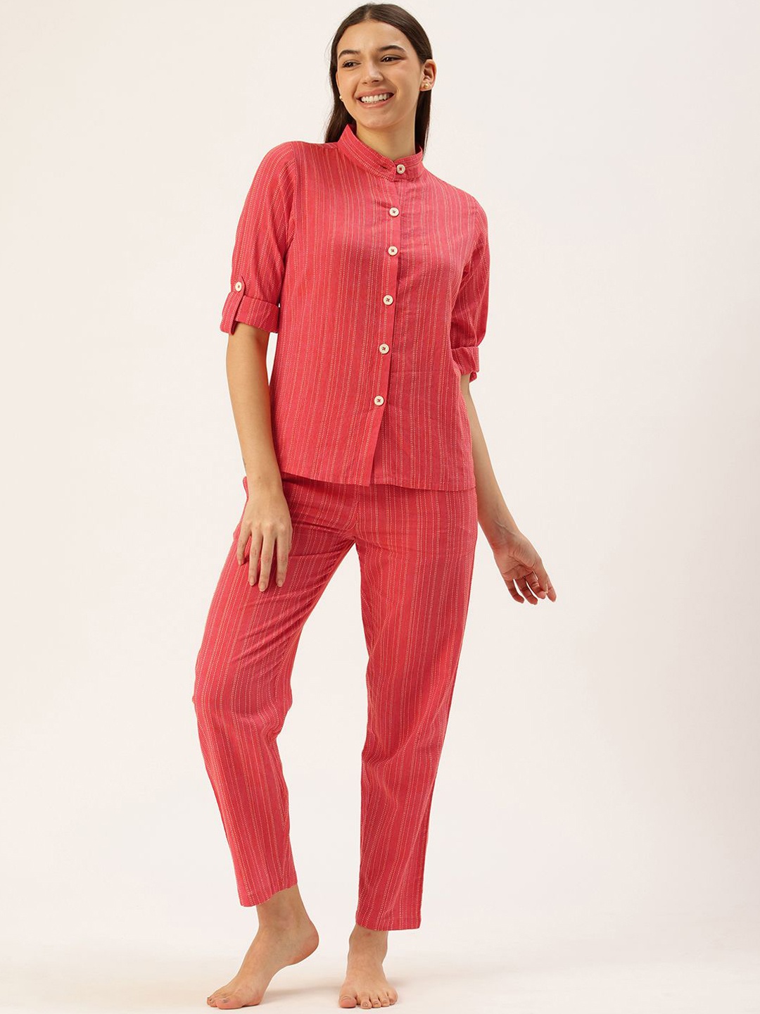 

Clt.s Women Striped Pure Cotton Night suit, Red