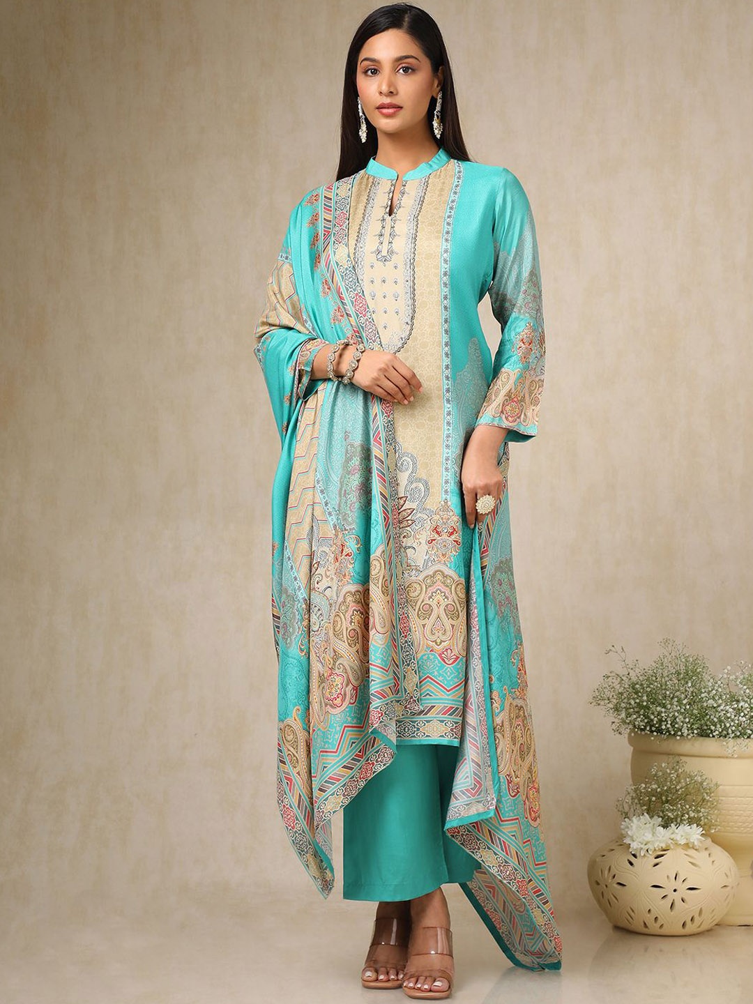 

Soch Women Ethnic Motifs Printed Regular Sequinned Kurta with Trousers & With Dupatta, Turquoise blue