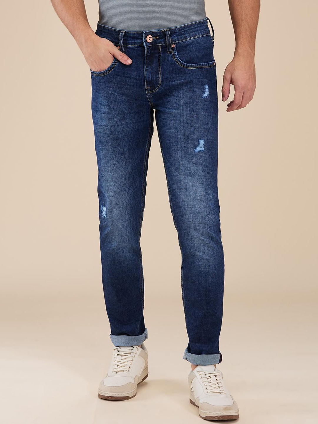 

Being Human Men Classic Slim Fit Low Distress Light Fade Stretchable Jeans, Blue