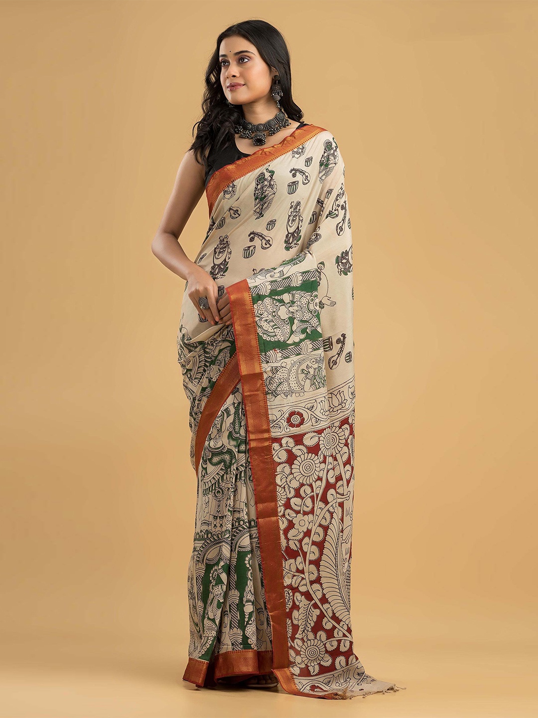 

Dheu Kalamkari Zari Silk Cotton Block Print Saree, Beige