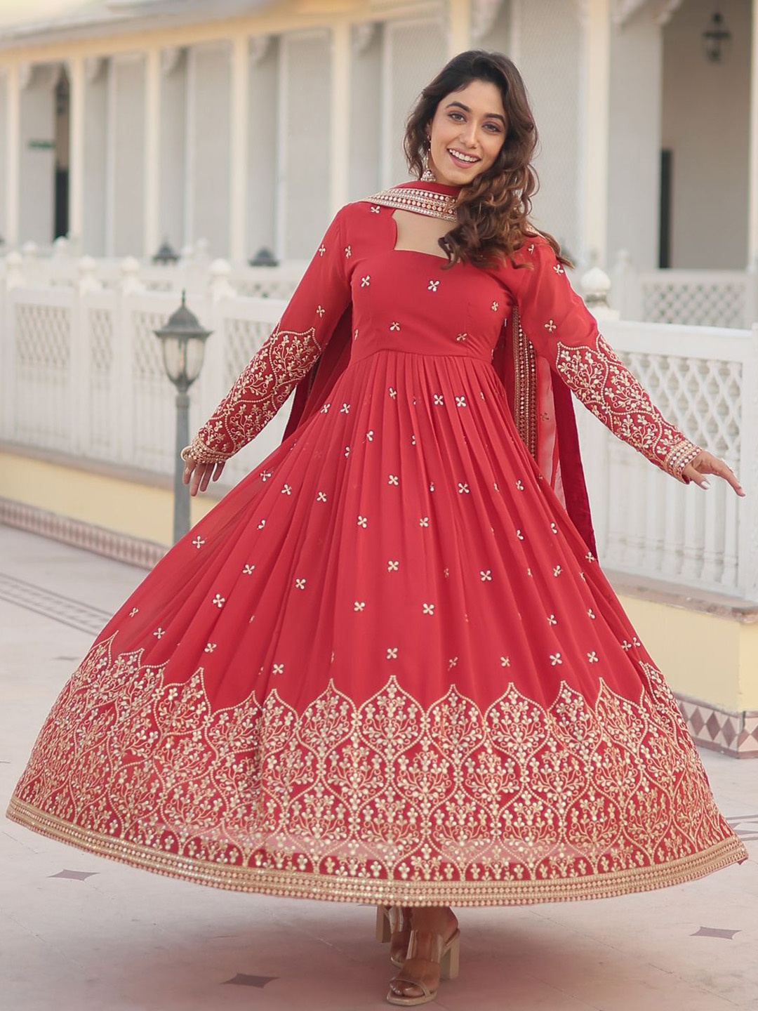 

Ethnic Yard Sequence Embroidered A-Line Maxi Ethnic Dress With Dupatta, Red
