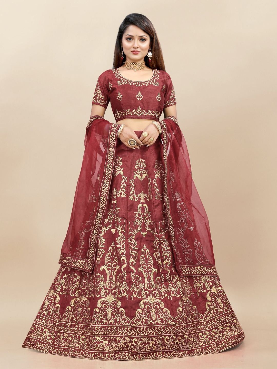 

A TO Z CART Embroidered Thread Work Semi-Stitched Lehenga & Unstitched Blouse With Dupatta, Maroon