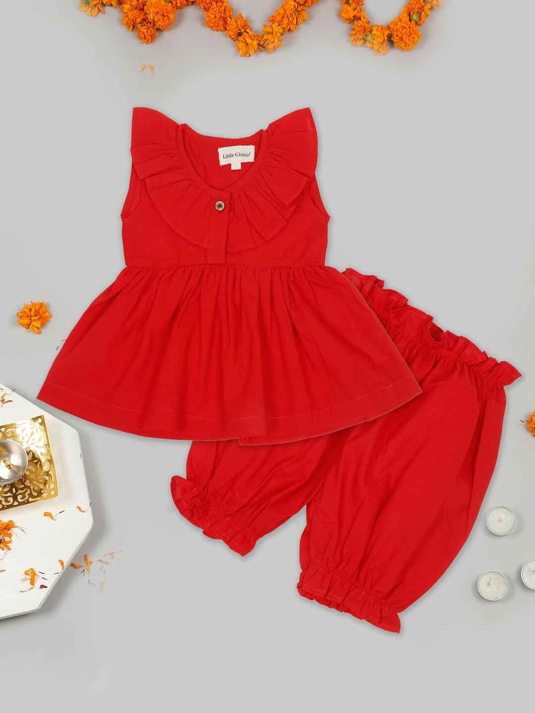 

LITTLE GINNIE Girls Top with Shorts, Red
