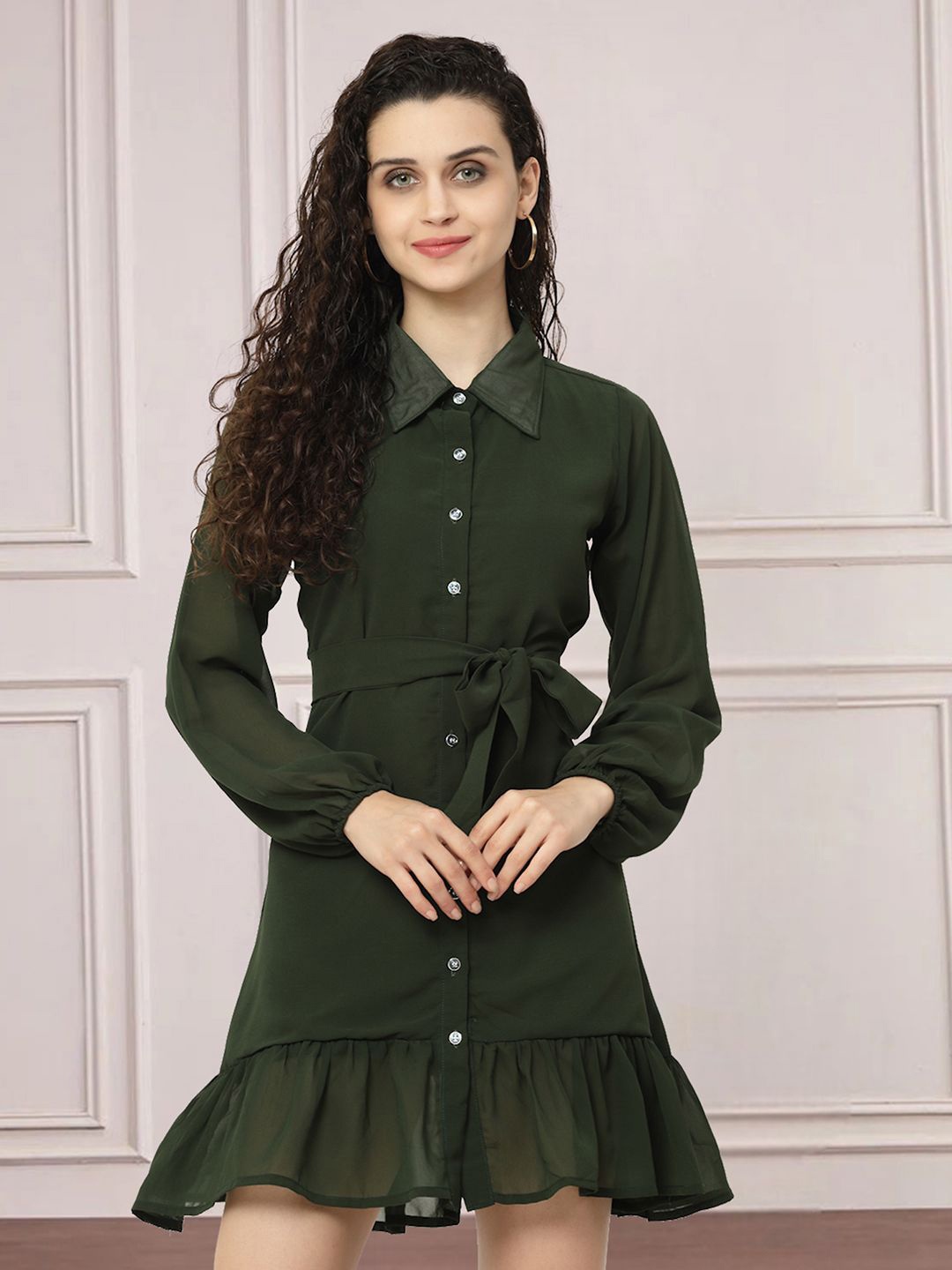 

MISS AYSE Shirt Collar Puff Sleeves Shirt Dress With Tie-Ups, Green