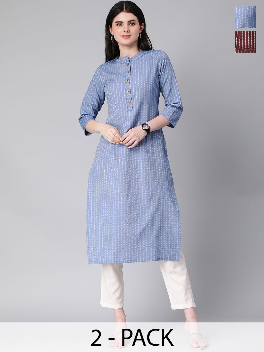 

KALINI Selection Of 2 Striped Mandarin Collar Cotton Straight Kurtas, Blue