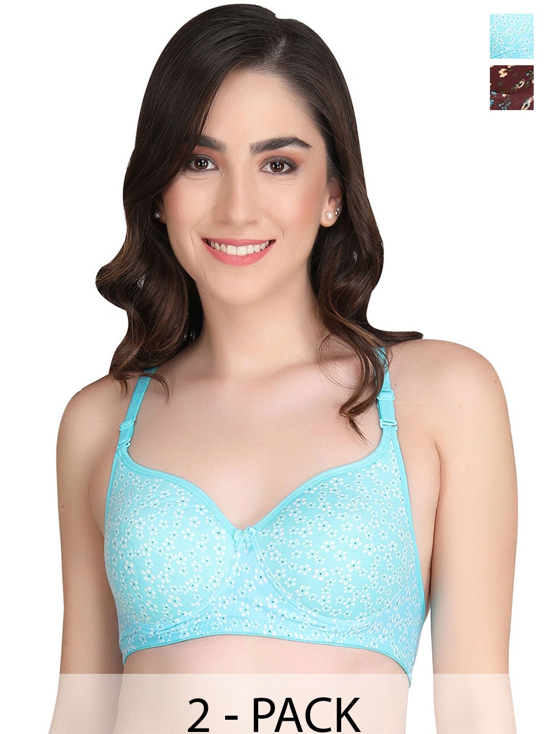 

Liigne Pack Of 2 Floral Printed Full Coverage Lightly Padded 360 Degree Support Cotton Bra, Maroon