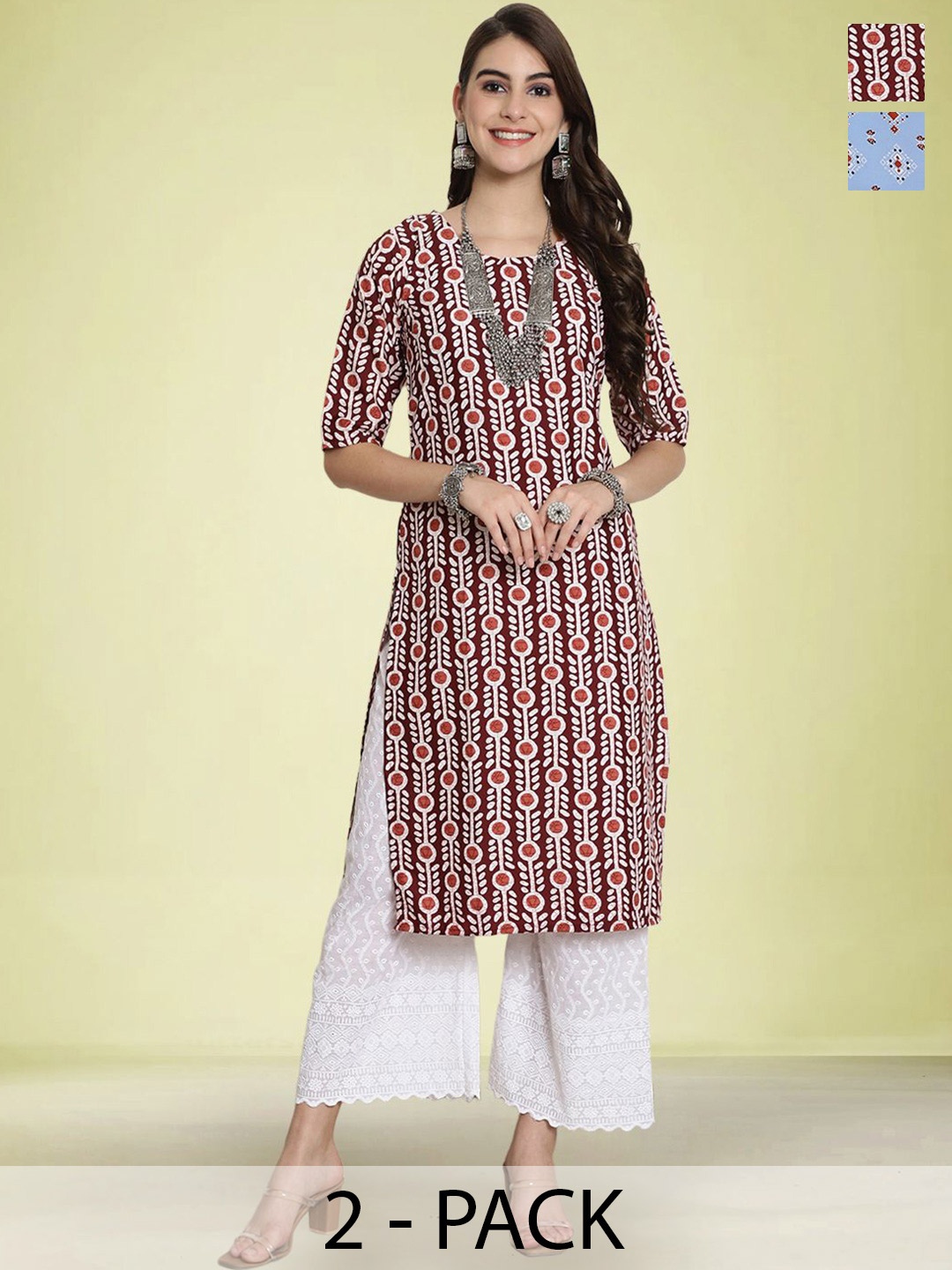 

Moda Rapido Women pack Of Of 2 Ethnic Motifs Printed Round Neck Straight Kurtas, Maroon