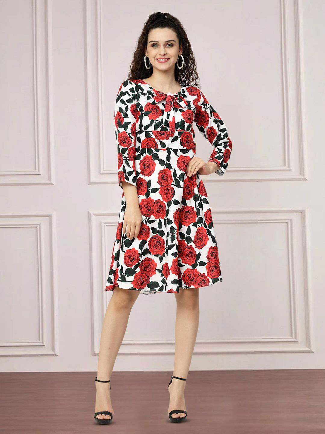 

MISS AYSE Floral Printed Tie-Up Neck Fit & Flare Dress, White