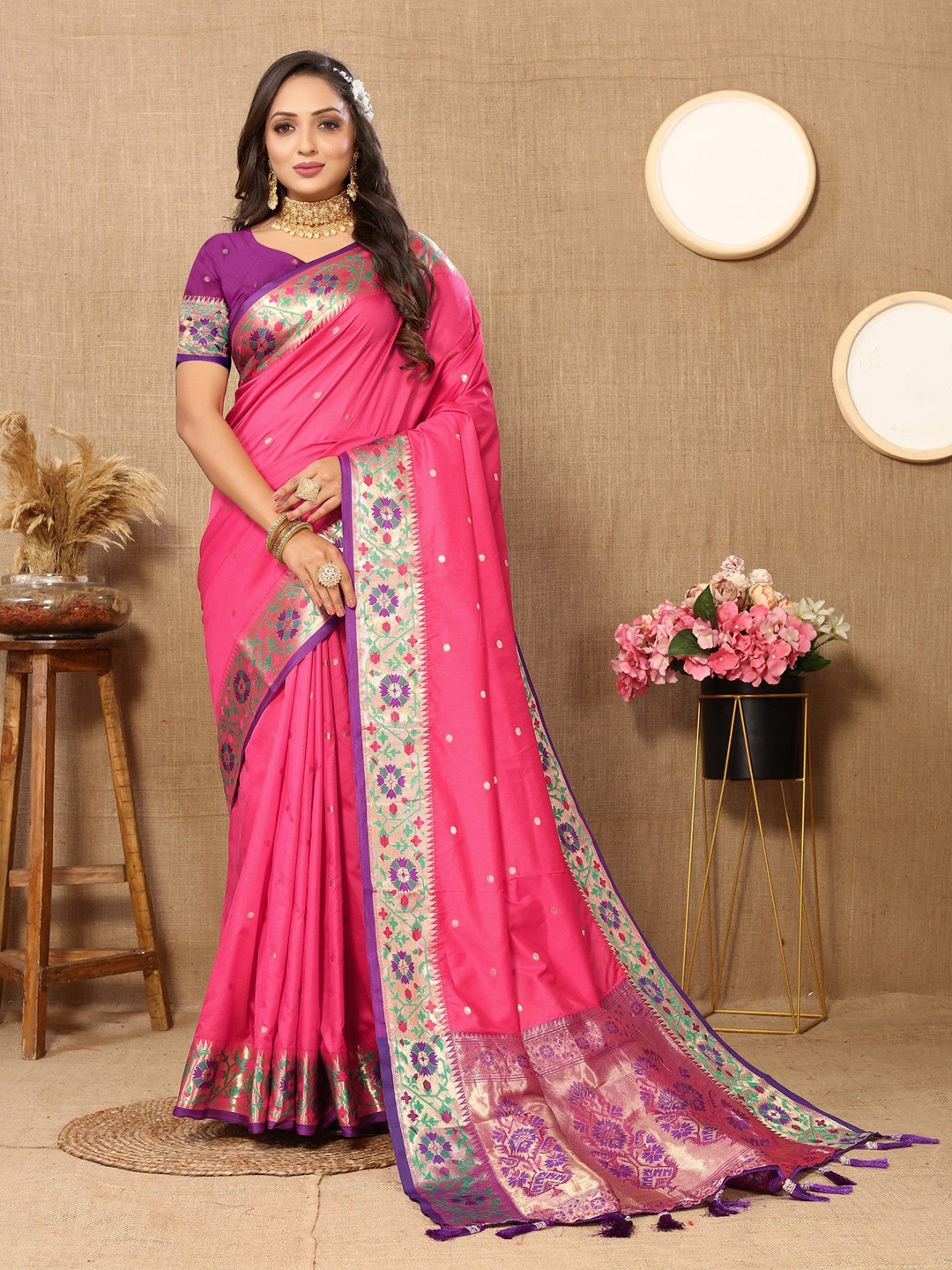 

LeeliPeeri Designer Woven Design Zari Silk Blend Paithani Saree, Pink