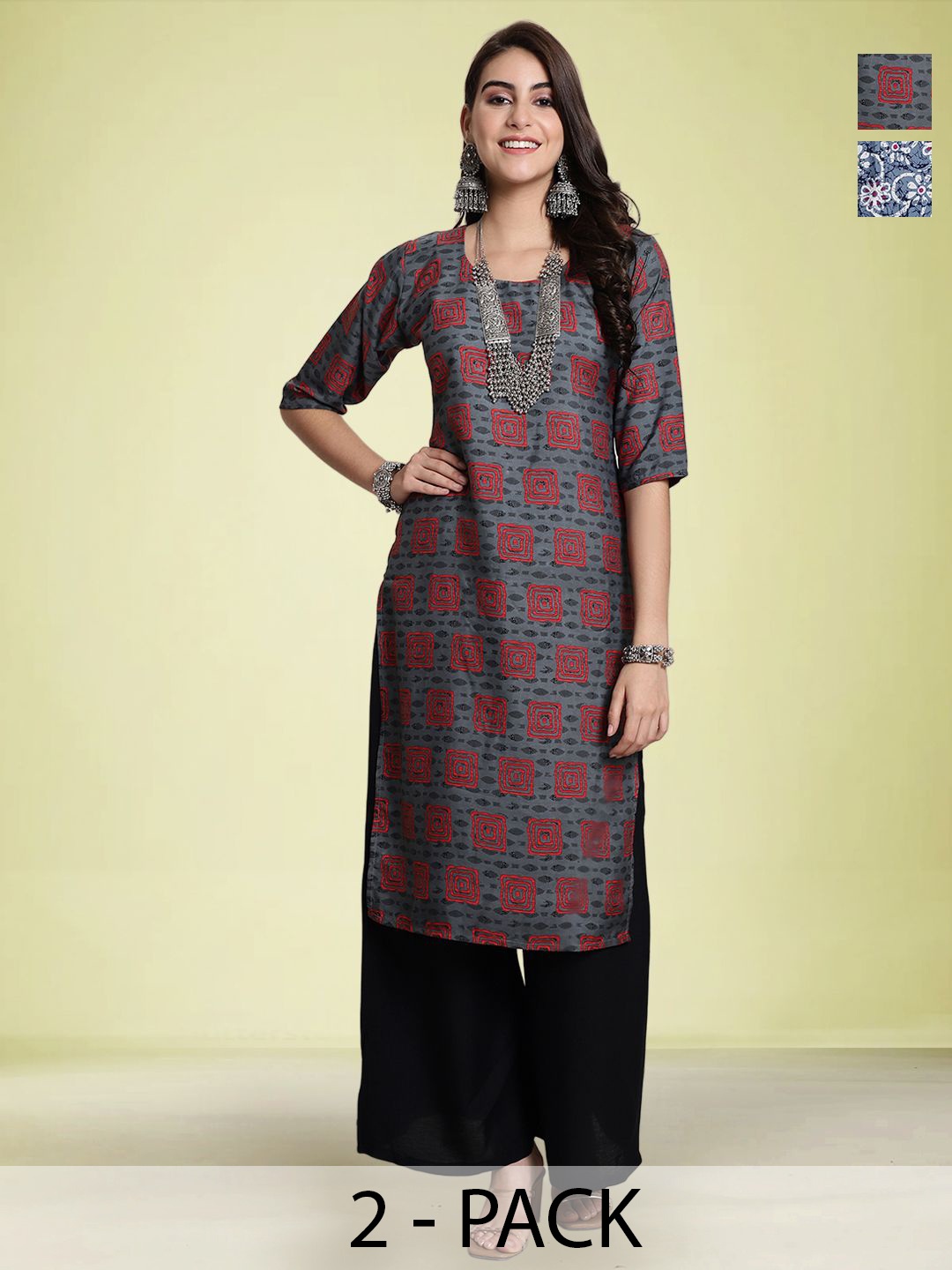 

Moda Rapido Selection Of 2 Floral Printed Round Neck Straight Kurtas, Grey