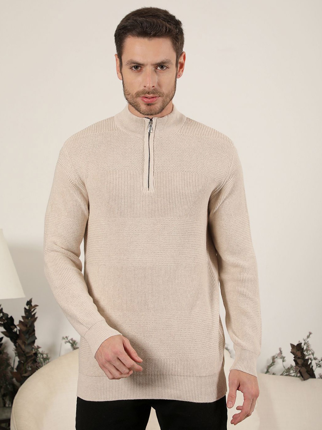 

COBB Men Mock Collar Long Sleeves Pullover Sweater, Beige