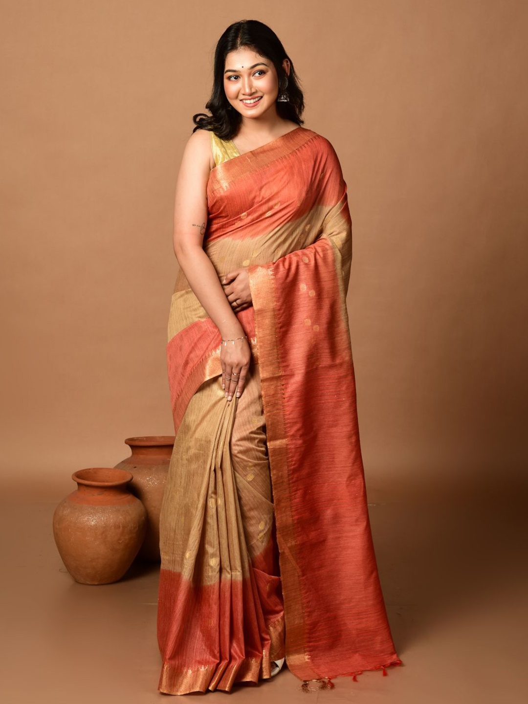 

Laa Calcutta Woven Design Zari Pure Silk Tussar Saree, Rust