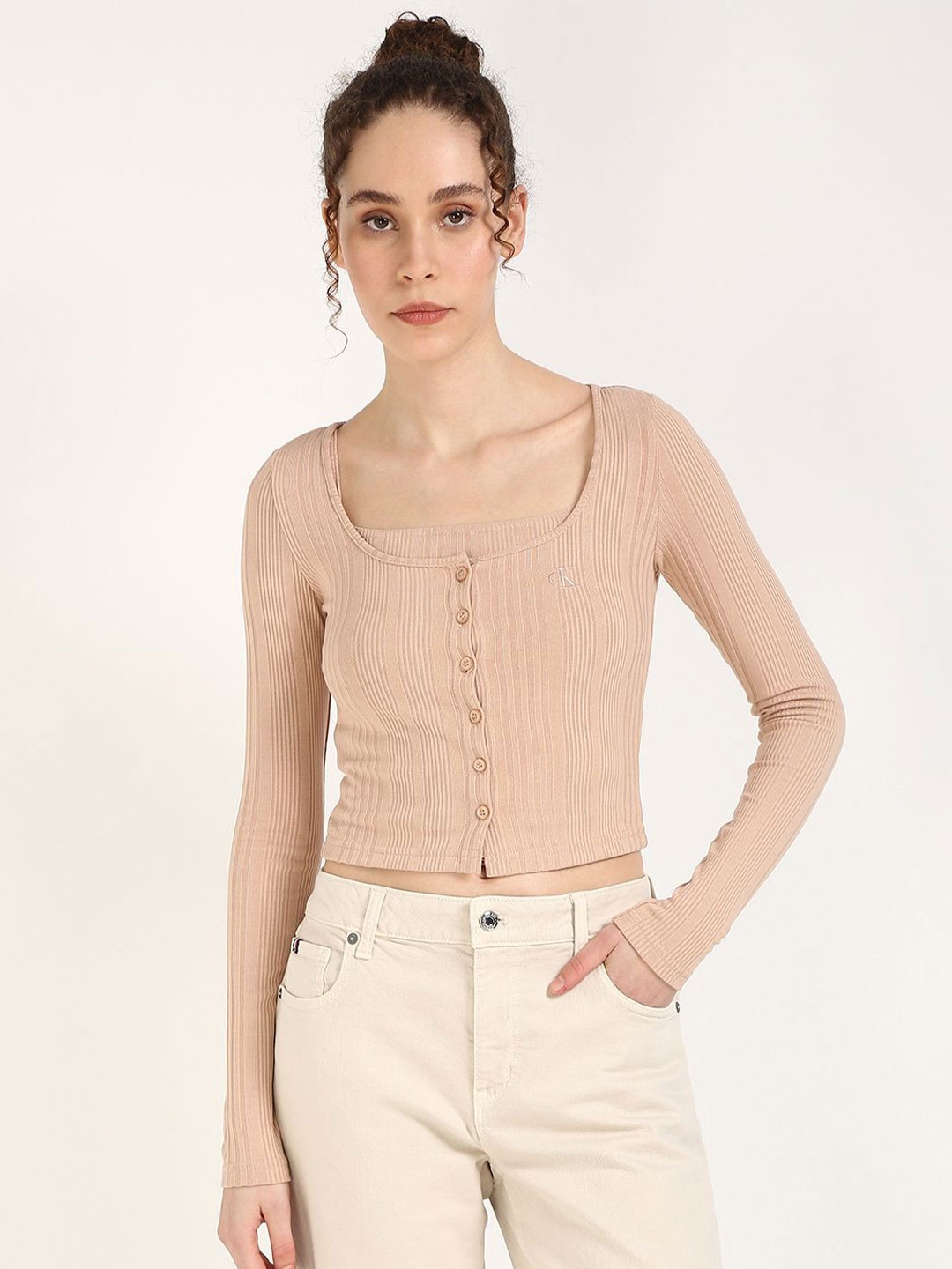 

Calvin Klein Jeans Ribbed Cropped Top With Cardigan, Beige