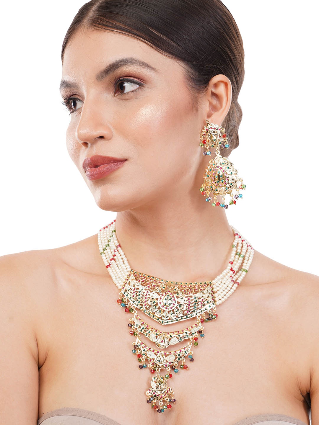 

Zhouse Gold-Plated Stone-Studded & Beaded Jewellery Set