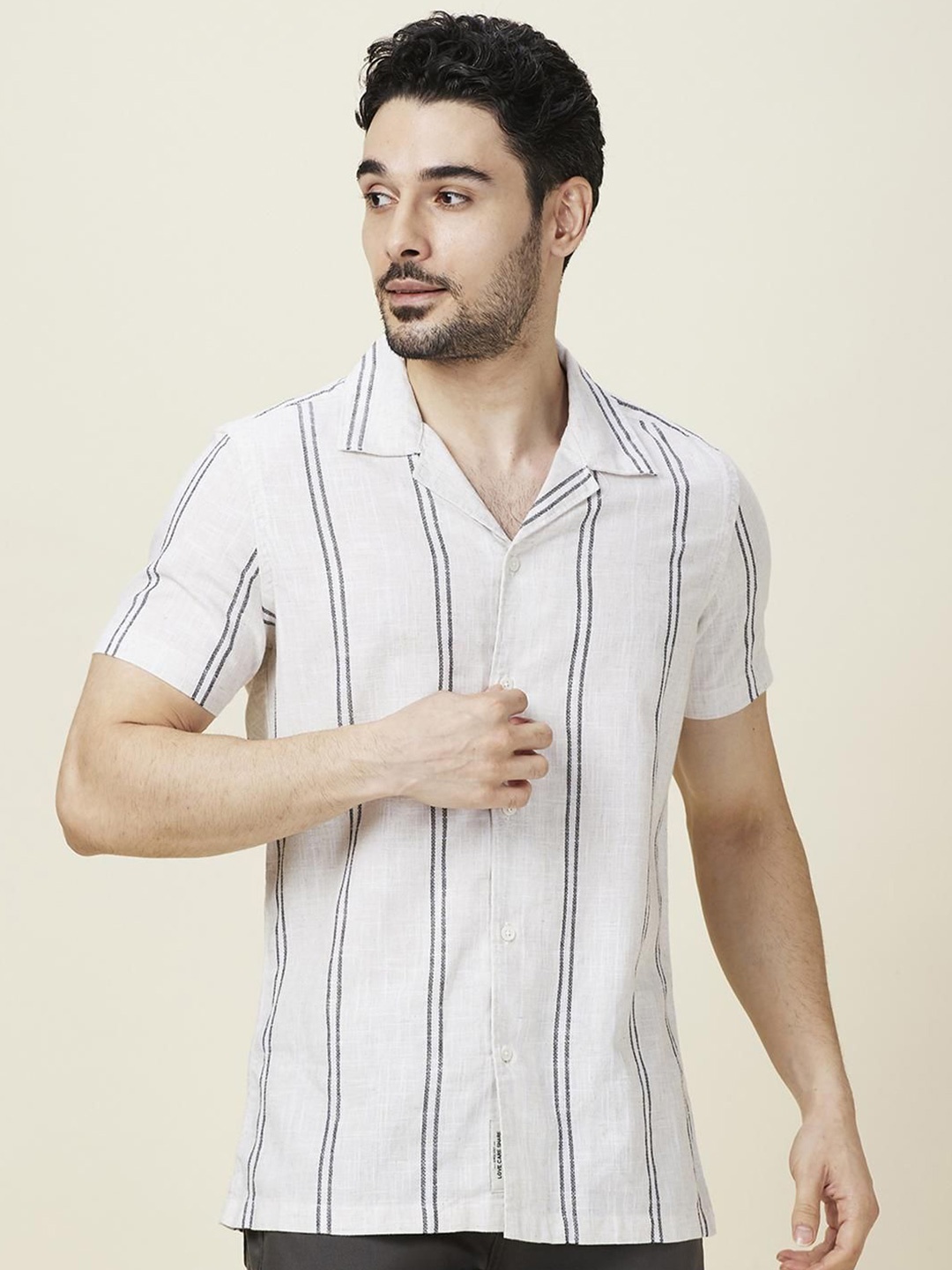 

Being Human Men Classic Fit Cuban Collar Vertical Striped Cotton Casual Shirt, Off white