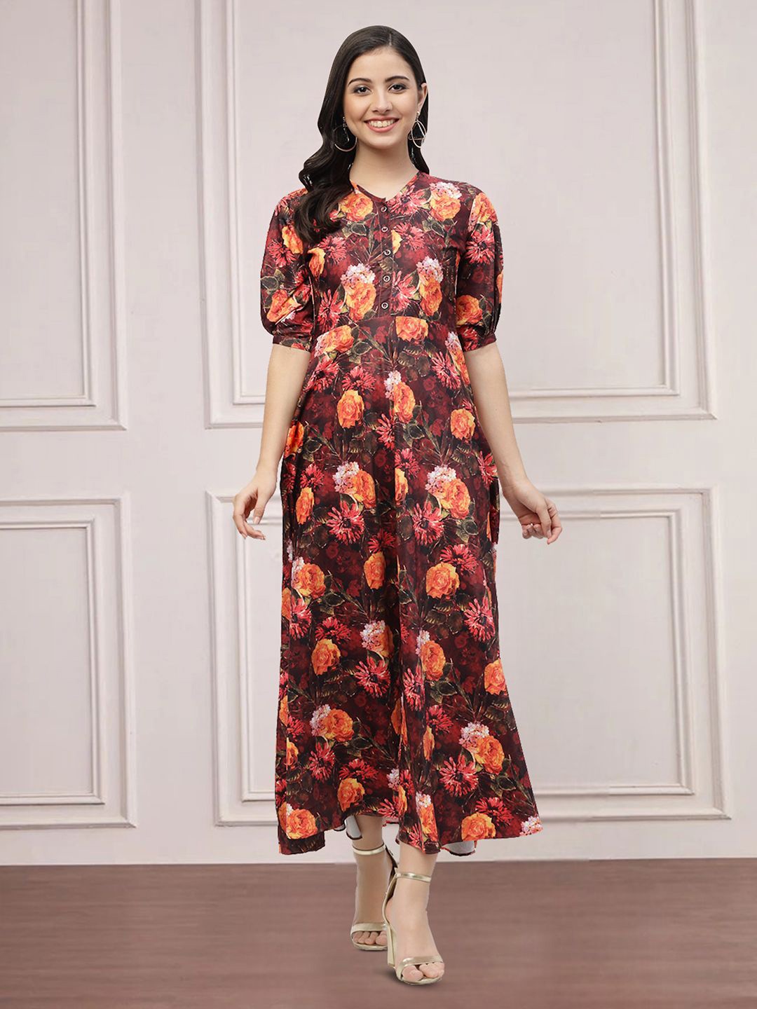 

MISS AYSE Women Floral Printed Puff Sleeves Maxi Dress, Brown