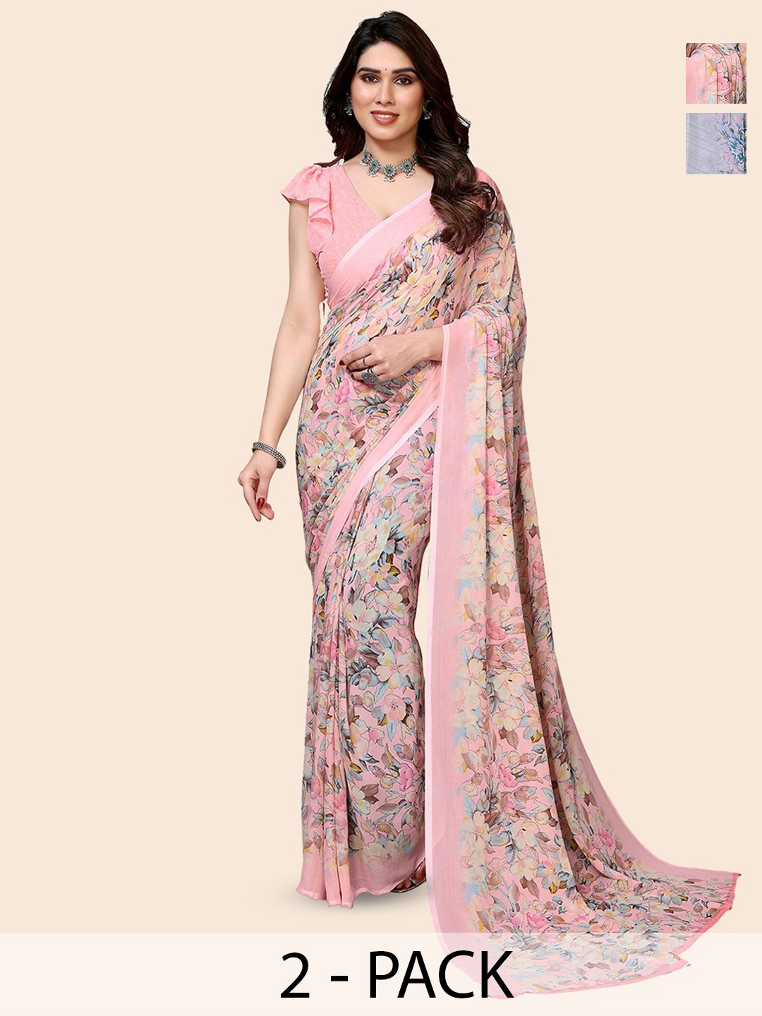 

Moda Rapido Floral Poly Georgette Saree, Pink