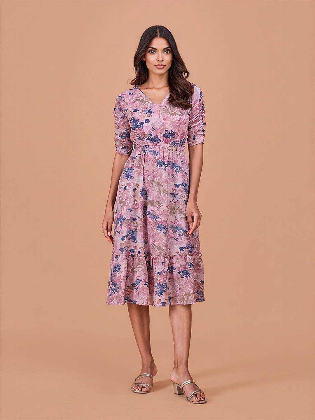 

DressBerry Women Floral Printed Fit & Flare Midi Dress, Pink