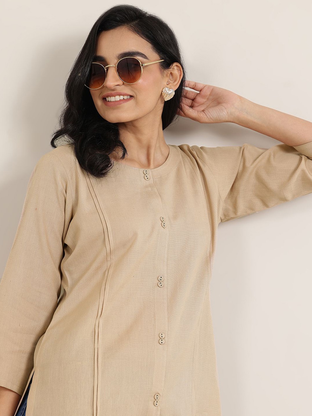 

Libas Solid Pintuck Round Neck Straight Kurti, Beige