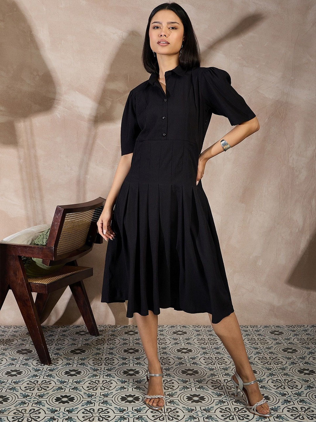 

all about you Women Shirt Collar A-Line Knee Length Dress, Black