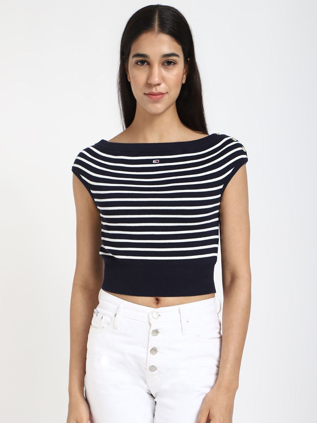 

Tommy Hilfiger Women Horizontal Stripes Striped Cotton Fitted Top, Black