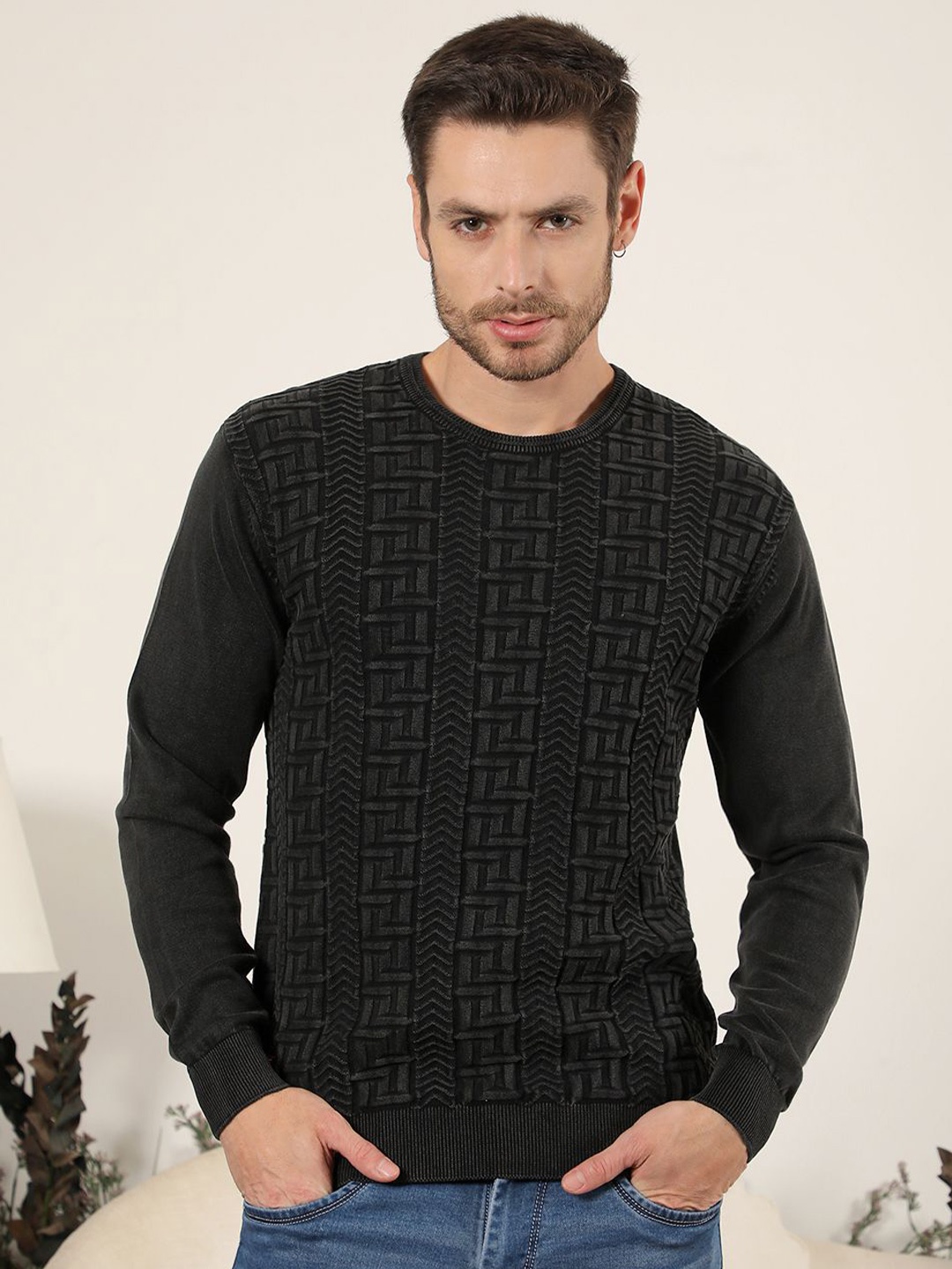 

COBB Men Self Design Pullover Sweater, Black