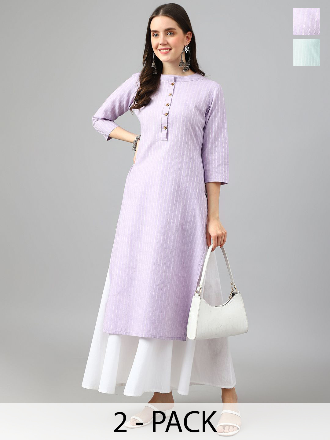 

KALINI Selection Of 2 Striped Woven Design Mandarin Collar Straight Kurta, Lavender