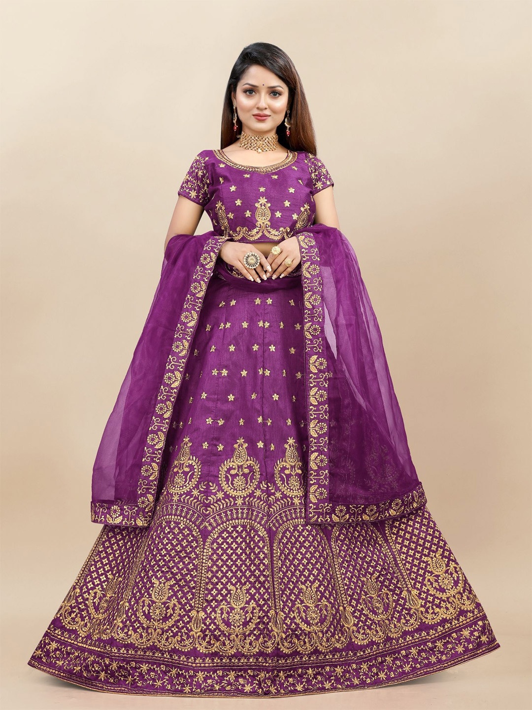 

A TO Z CART Embroidered Thread Work Semi-Stitched Lehenga & Unstitched Blouse With Dupatta, Purple