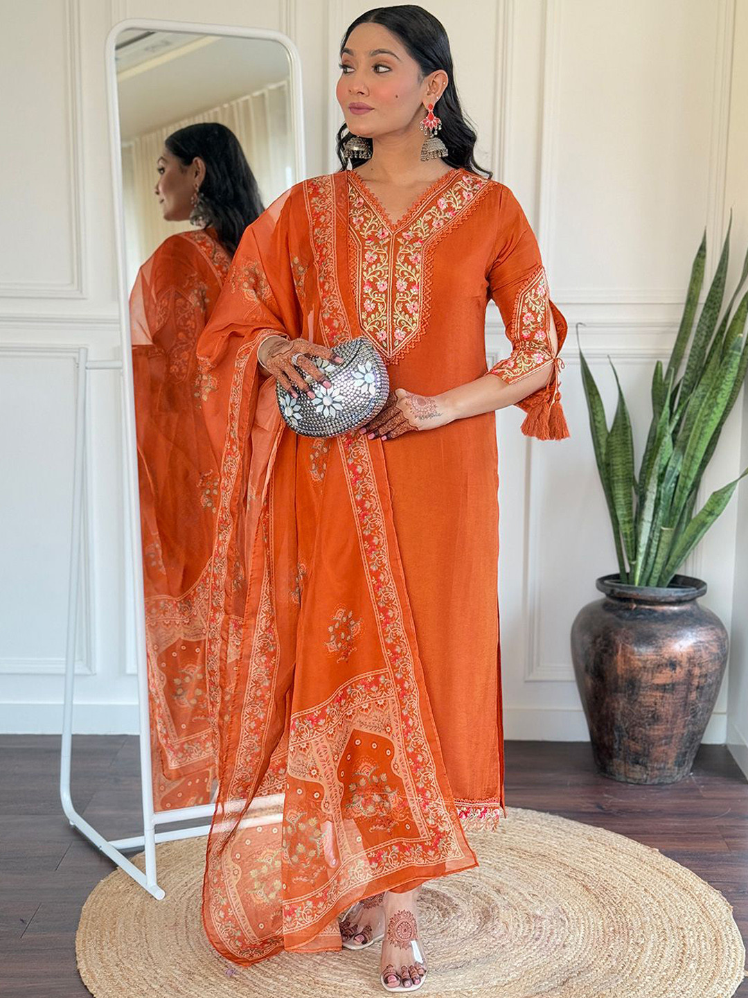 

KALINI Women Floral Embroidered Regular Thread Work Kurta with Trousers & With Dupatta, Rust