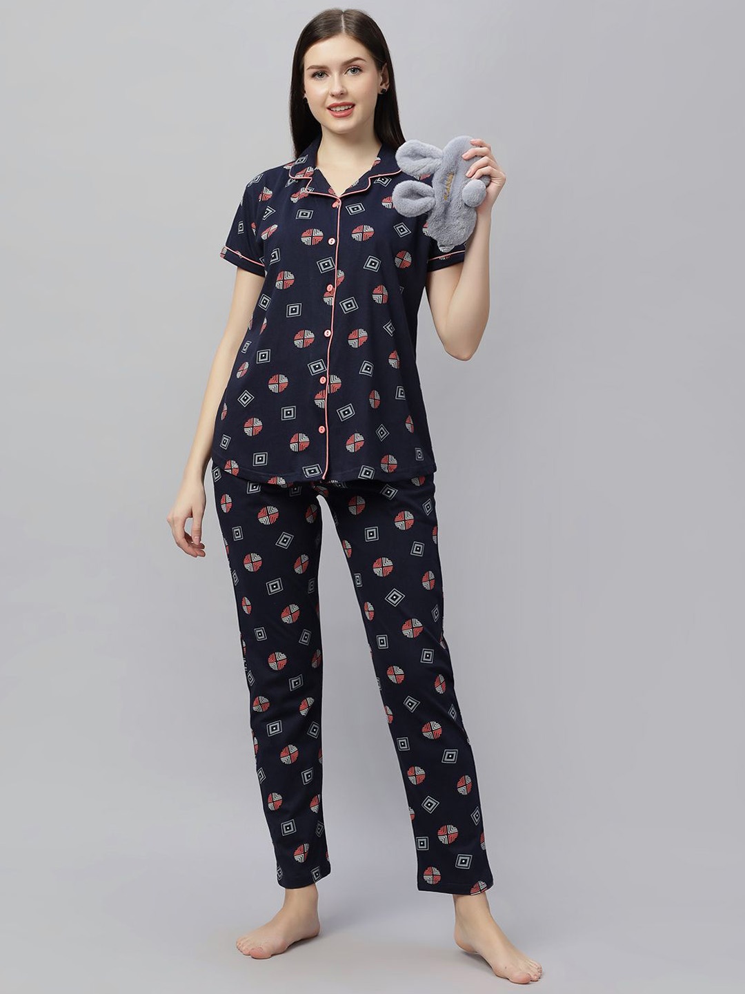 

DZZO Women Printed Night suit, Navy blue