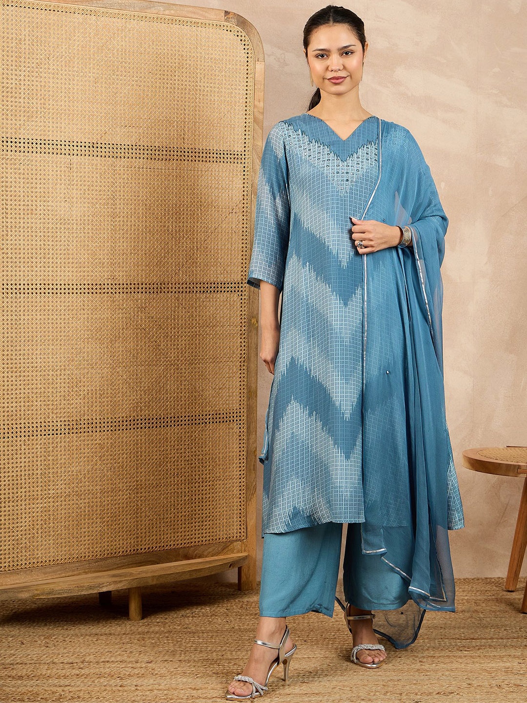 

all about you Blue Chevron Printed Mirror Work Straight Kurta With Trousers & Dupatta