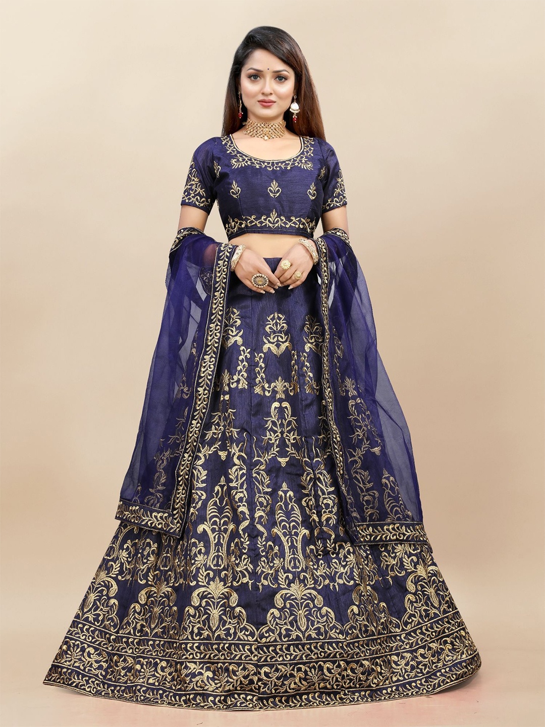 

A TO Z CART Embroidered Thread Work Semi-Stitched Lehenga & Unstitched Blouse With Dupatta, Blue