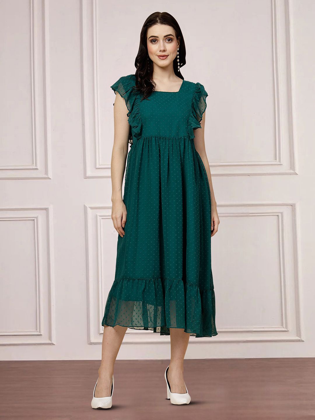 

MISS AYSE Ruffles Detail Fit & Flare Midi Dress, Green