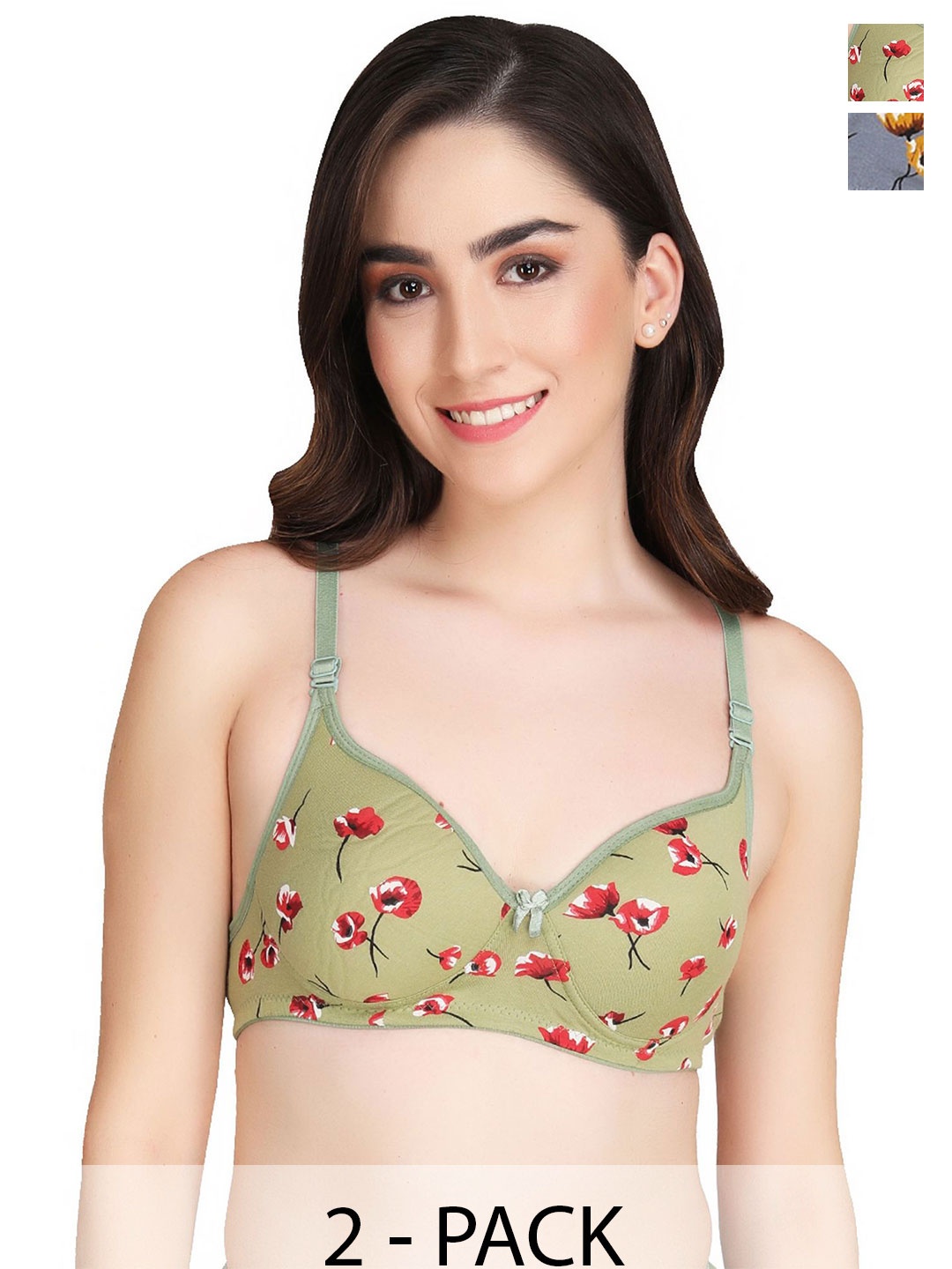 

Liigne Women Pack of 2 Floral Pure Cotton Full Coverage Lightly Padded Bra, Grey