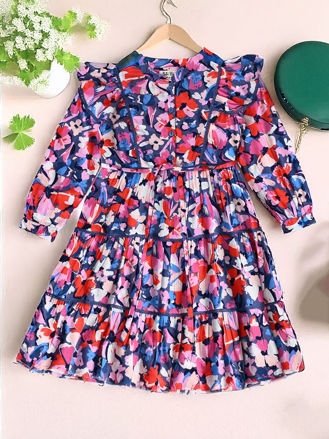 

Bella Moda Girls V-Neck Puff Sleeves Fit and Flare Dress, Multi