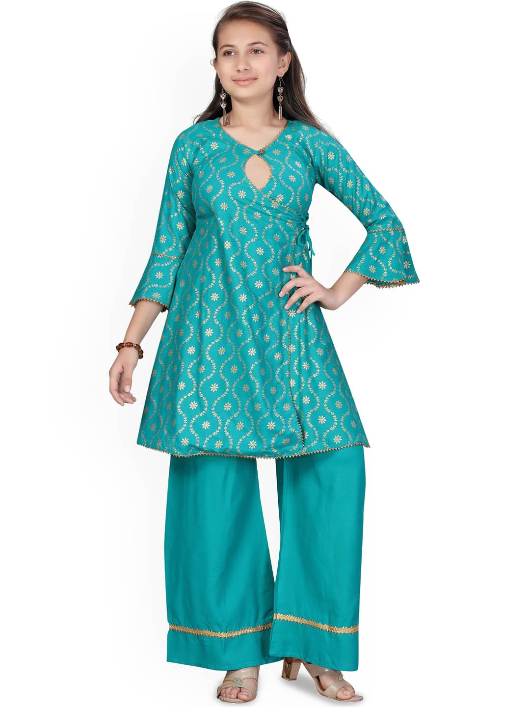 

BAESD Girls Ethnic Motifs Printed Gotta Patti Pure Cotton A-Line Kurti with Palazzos, Green