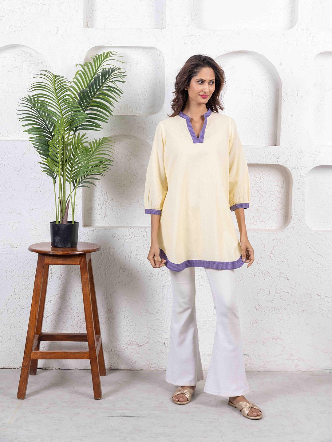 

INAAYA JAIPUR Striped Cotton Top, Off white