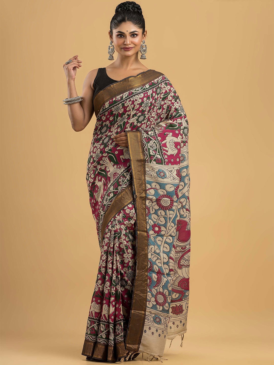 

Dheu Kalamkari Printed Block Print Saree, Beige